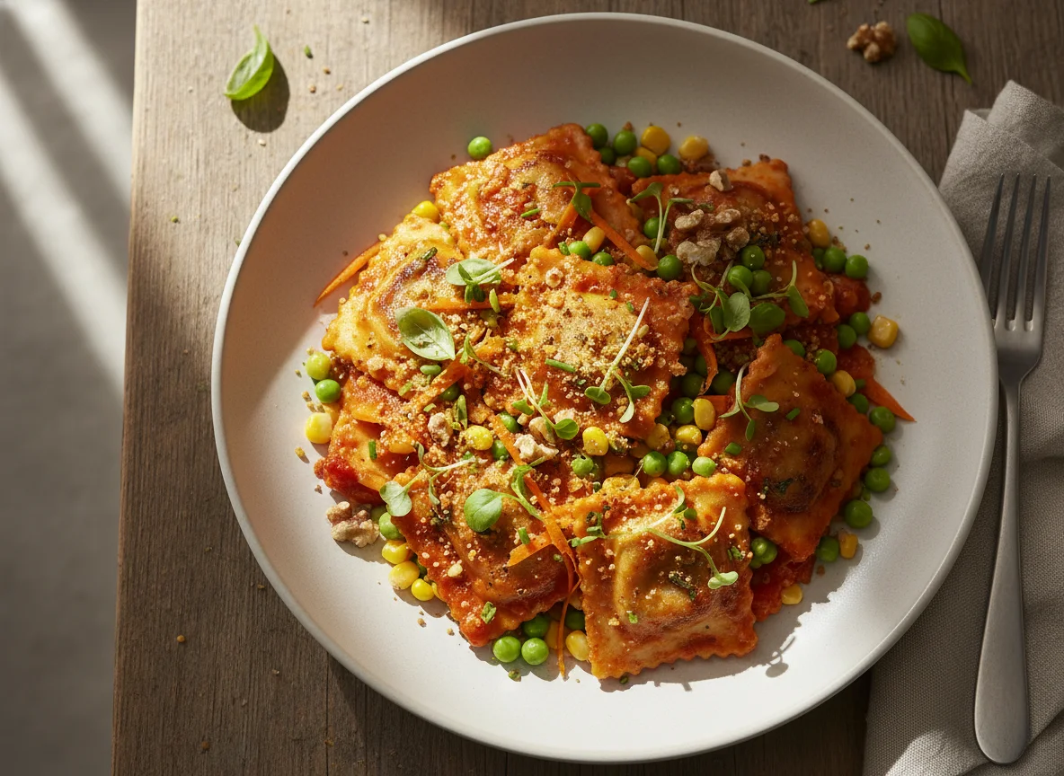 Ravioli mit Tomatensauce und Gemüse photo