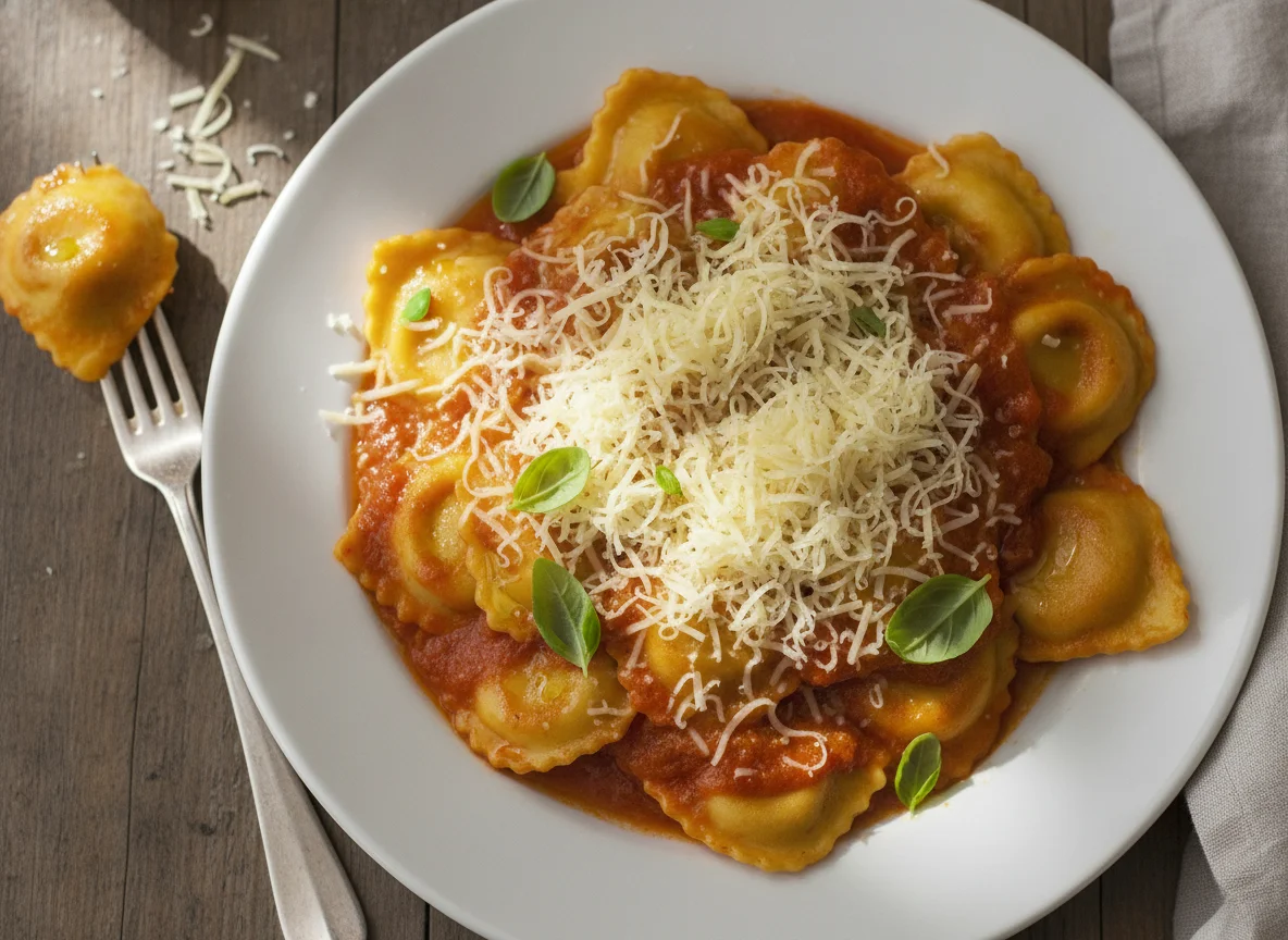 Ravioli mit Tomatensauce und geriebenem Käse photo