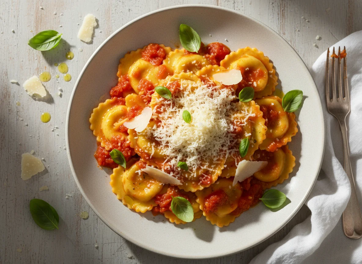 Ravioli mit Tomatensauce und Parmesan photo