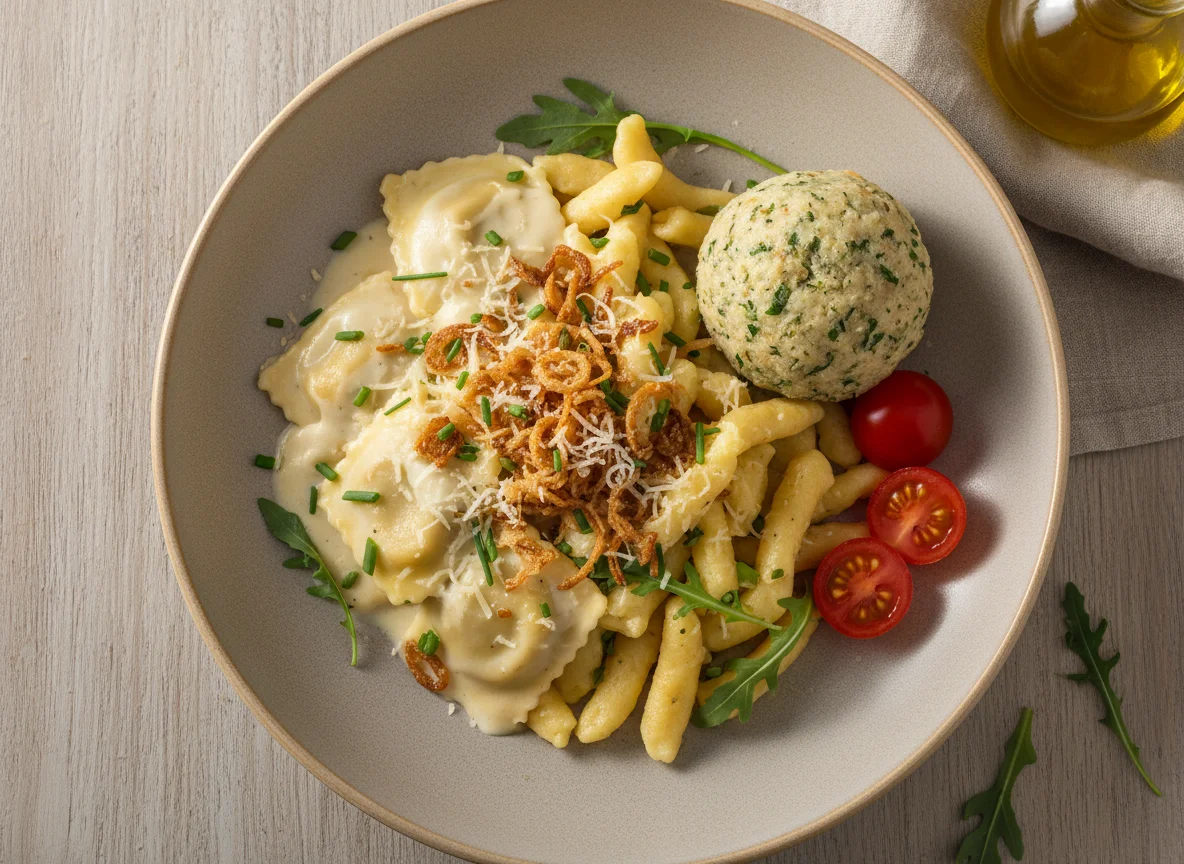 Ravioli und Käsespätzle mit Rahmsauce photo