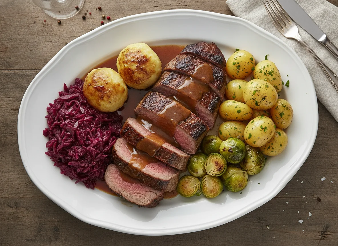 Rehbraten mit Beilagen photo