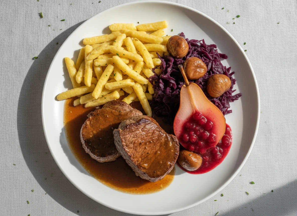 Rehfilet mit Spätzli, Rotkraut und Marroni photo