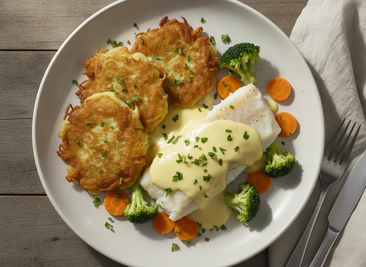 Reibekuchen mit Fisch und Sauce Hollandaise photo