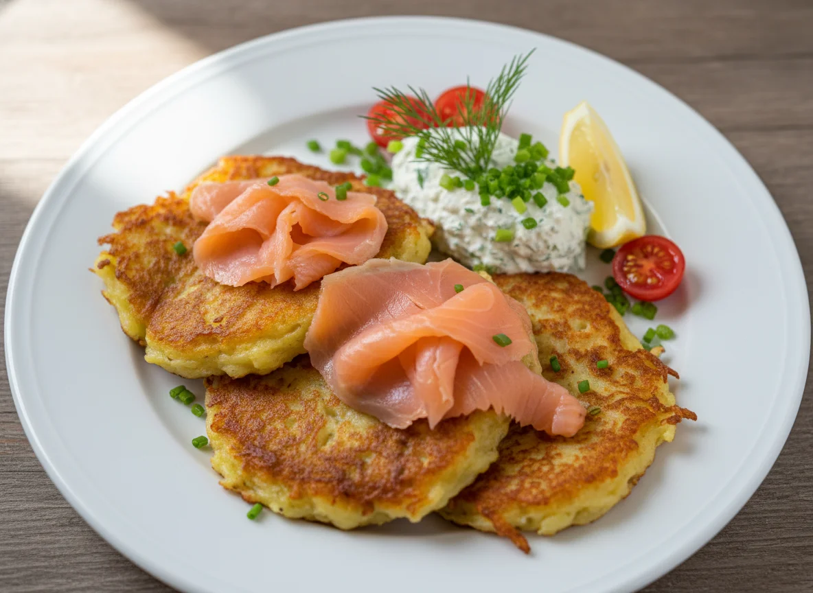 Reibekuchen mit Lachs und Kräuterquark photo