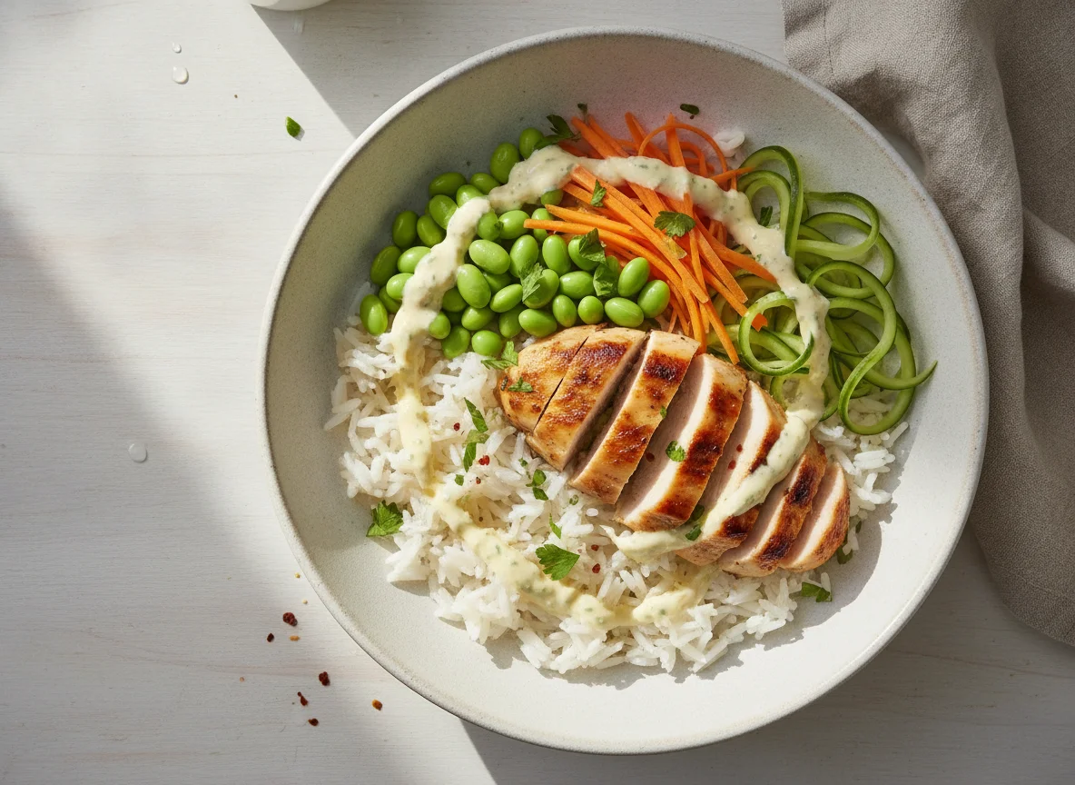 Reis Bowl mit Hähnchen und Gemüse photo