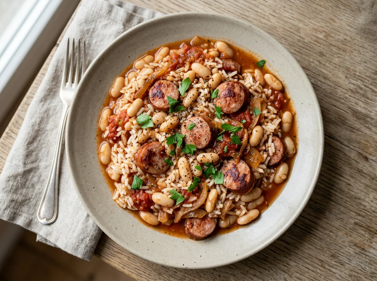 Reis mit Bohnen und Wurst photo