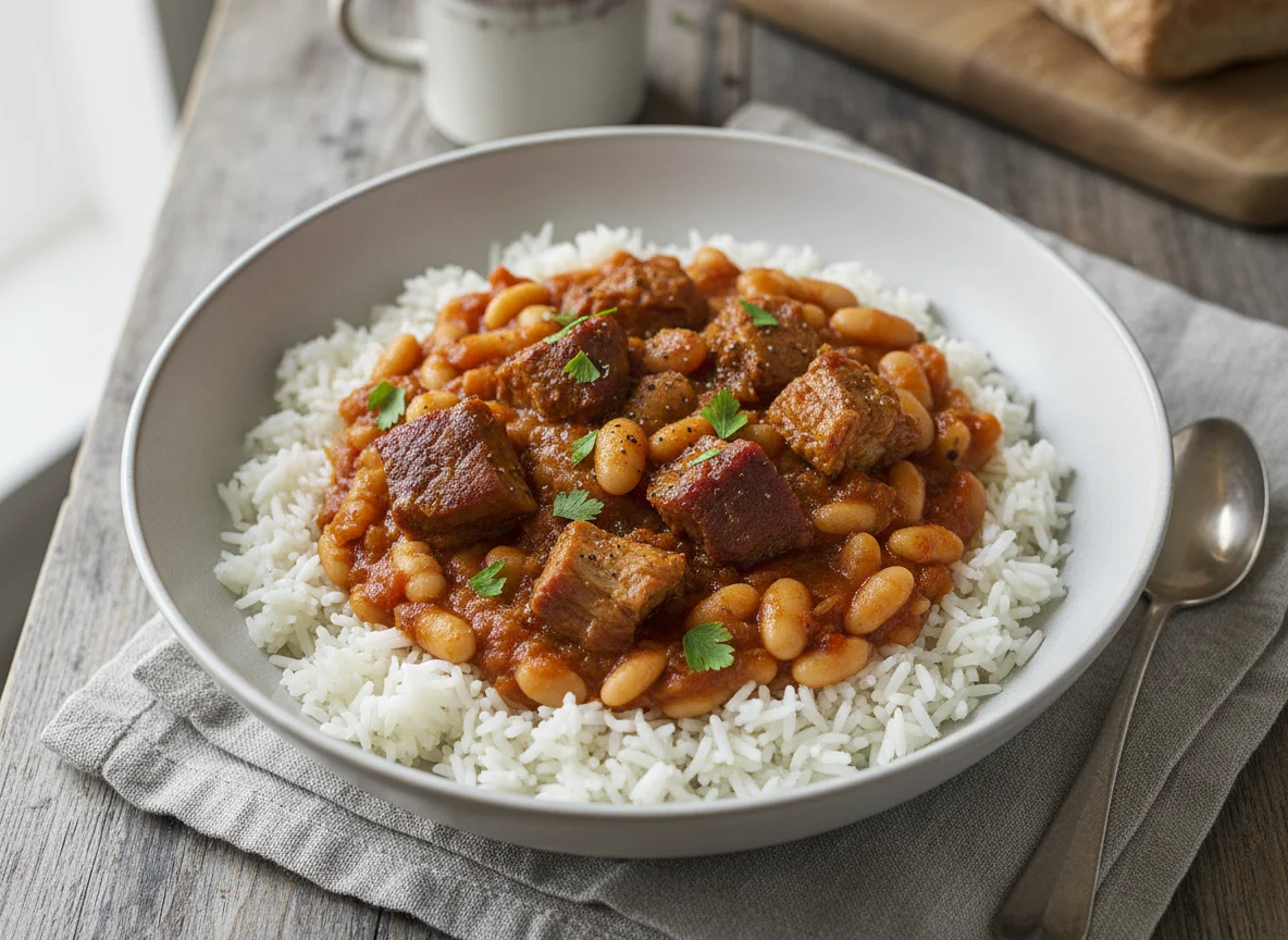 Reis mit Bohneneintopf und Fleisch photo