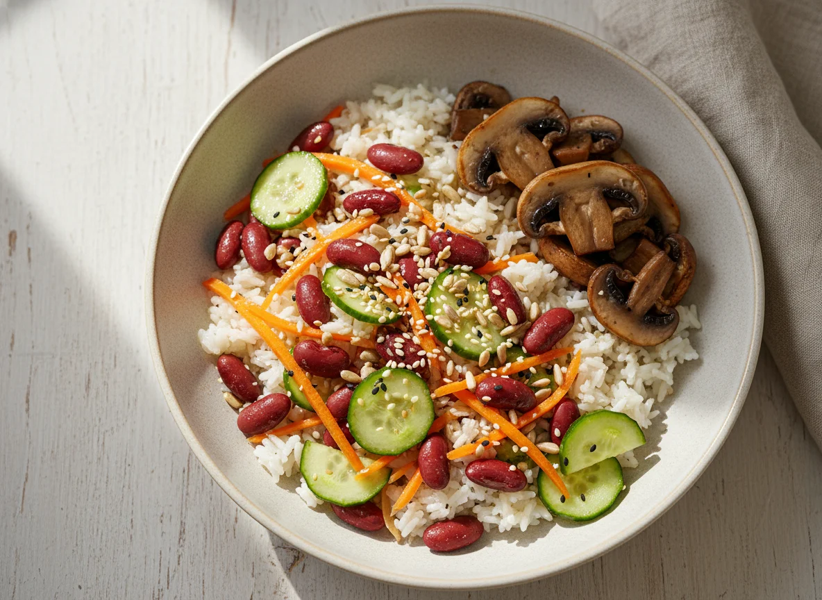 Reis mit Bohnen-Gemüse-Salat und Pilzen photo
