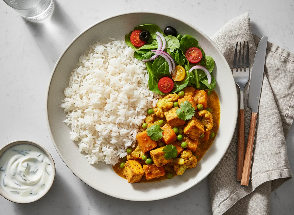 Reis mit Curry, Salat und Joghurt-Dip photo