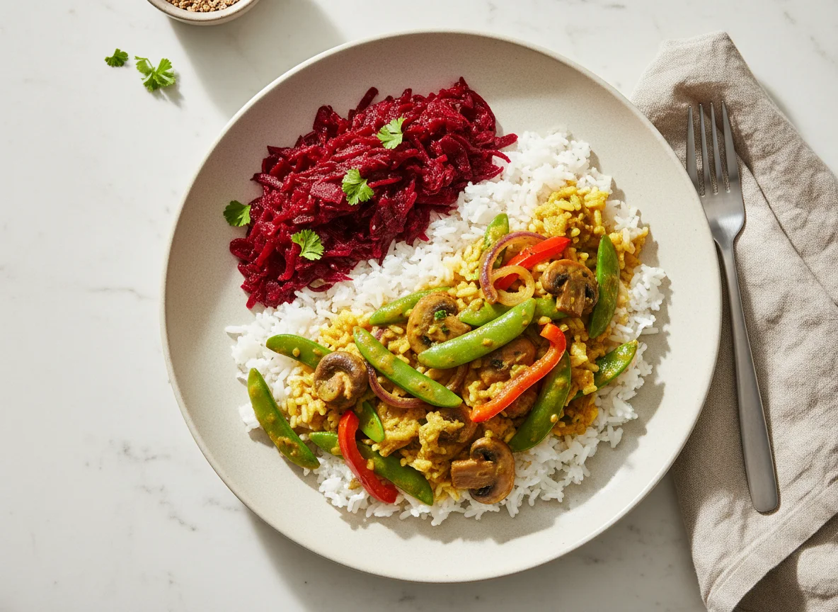 Reis mit Curry-Gemüse und Rote-Bete-Salat photo