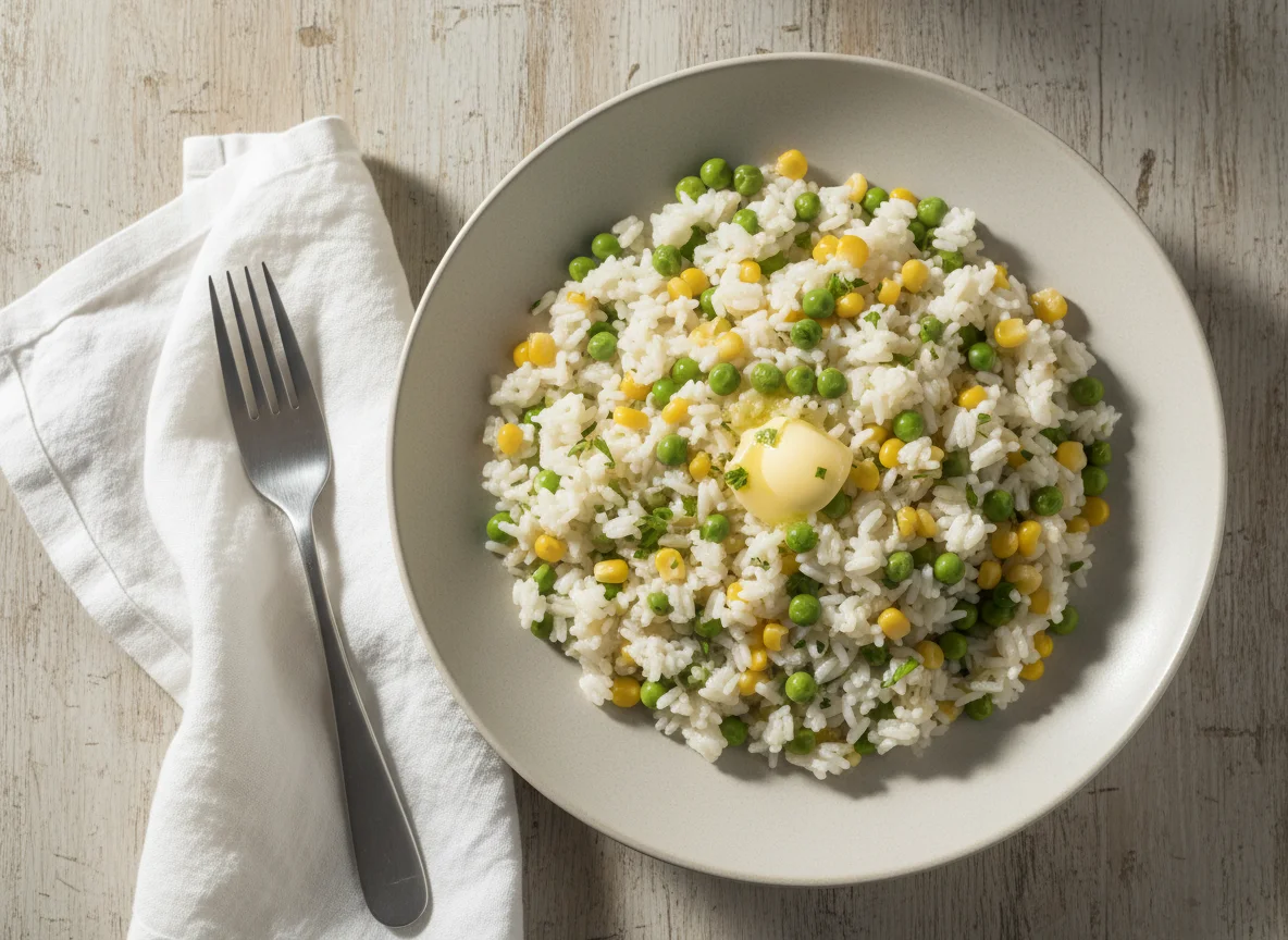 Reis mit Erbsen und Mais photo