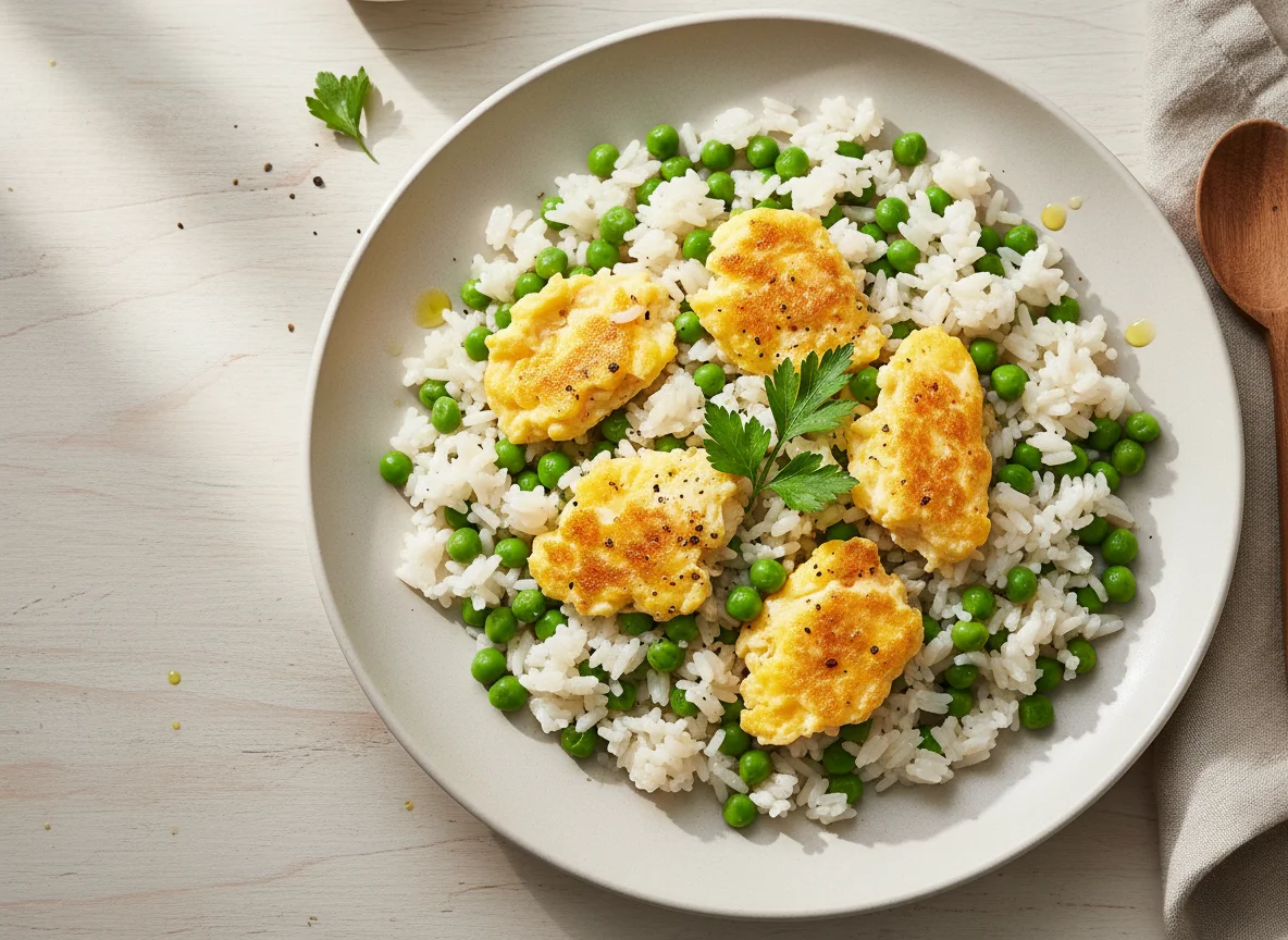 Reis mit Erbsen und Rührei photo