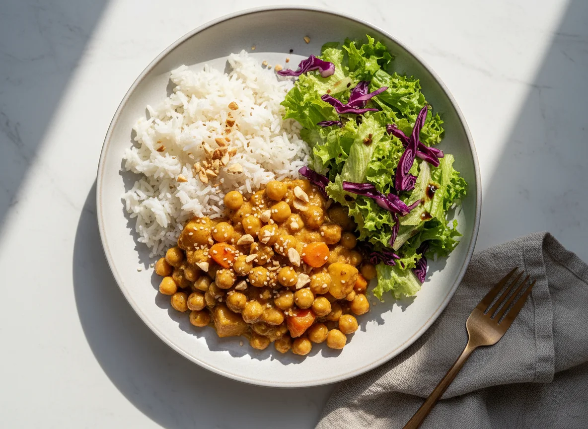 Reis mit Erdnuss-Gemüse-Curry und Salat photo