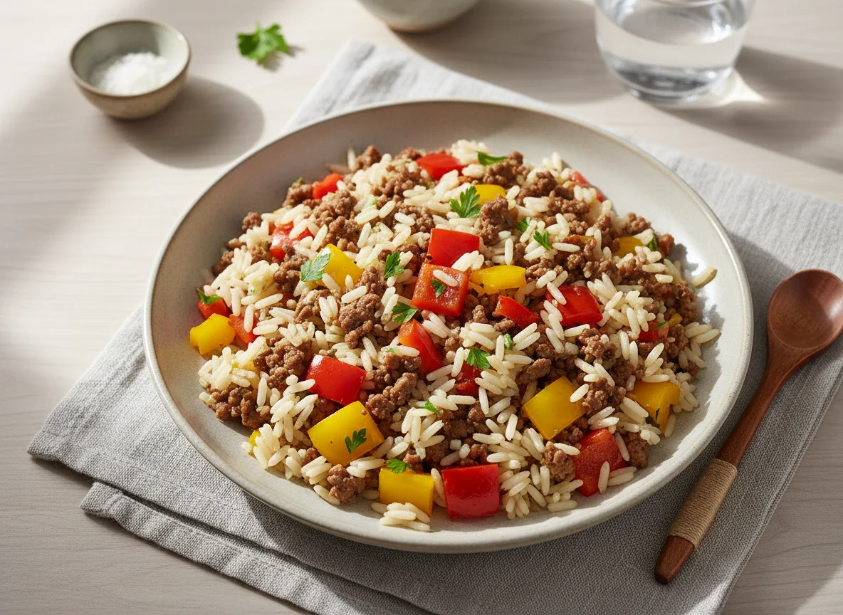 Reis mit Faschiertem und Paprika photo