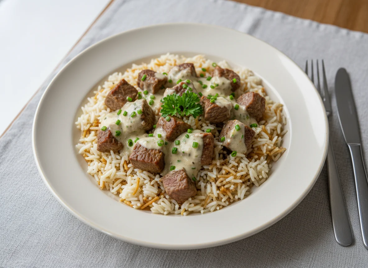 Reis mit Fleisch in Rahmsauce photo