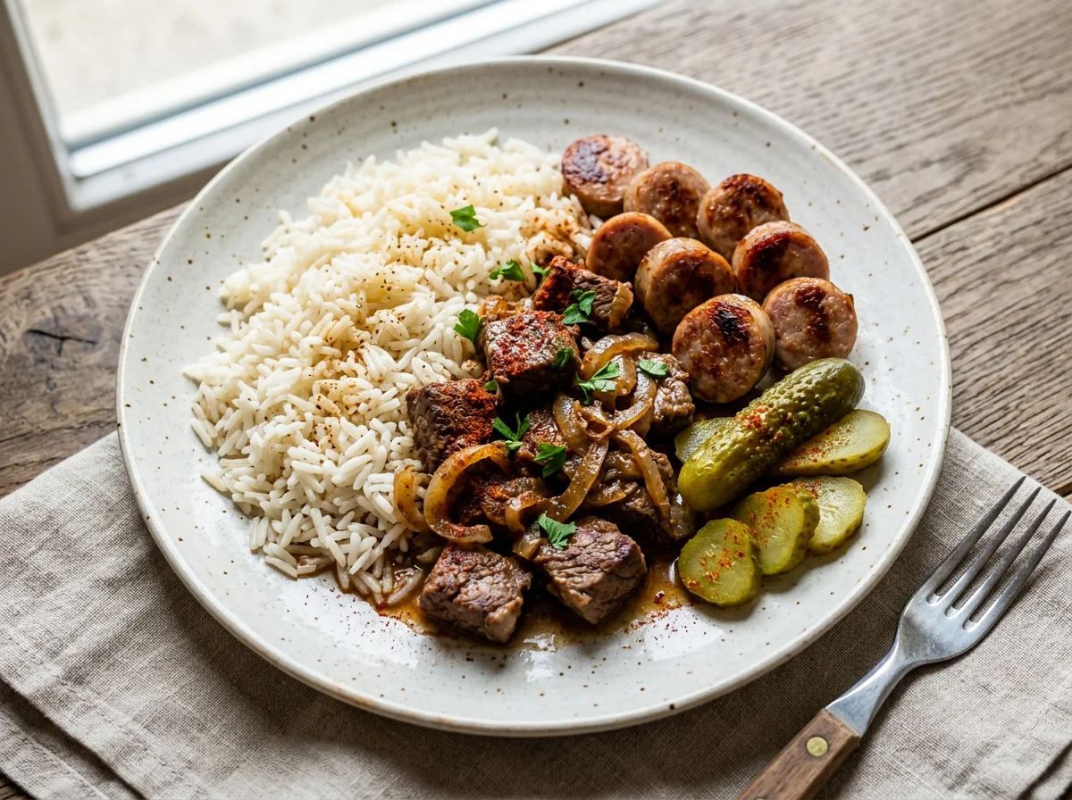 Reis mit Fleisch und Essiggurken photo