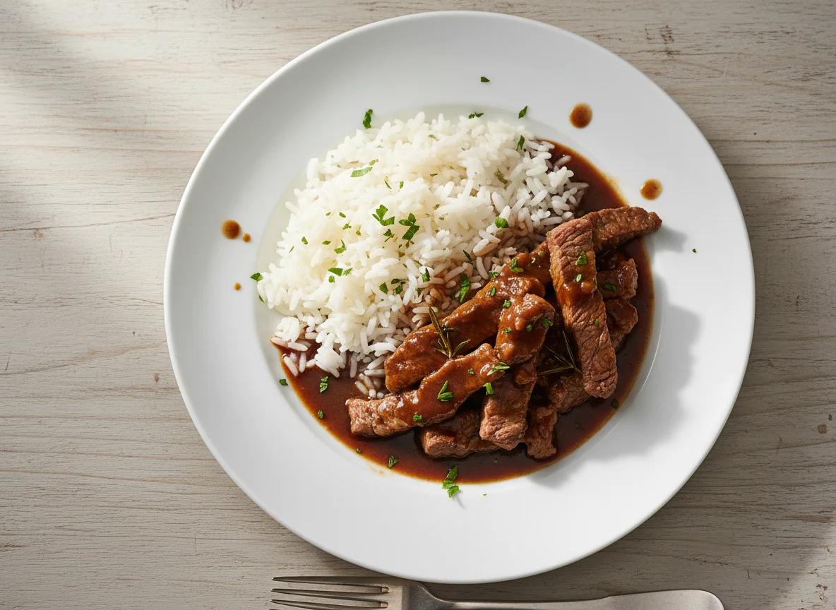 Reis mit Fleisch und Sauce photo