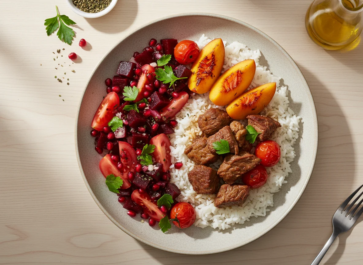 Reis mit Fleischgericht und Granatapfel-Rote-Bete-Salat photo