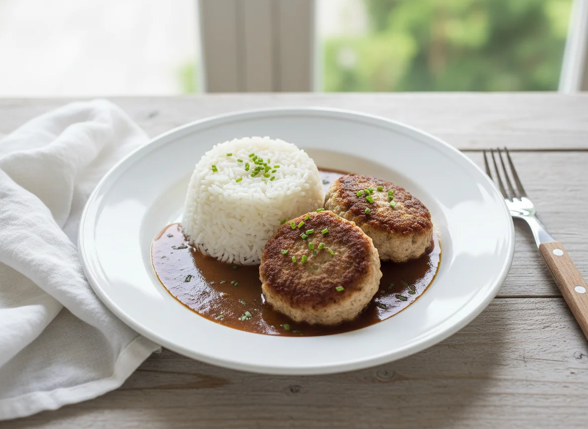 Reis mit Frikadelle und Sauce photo