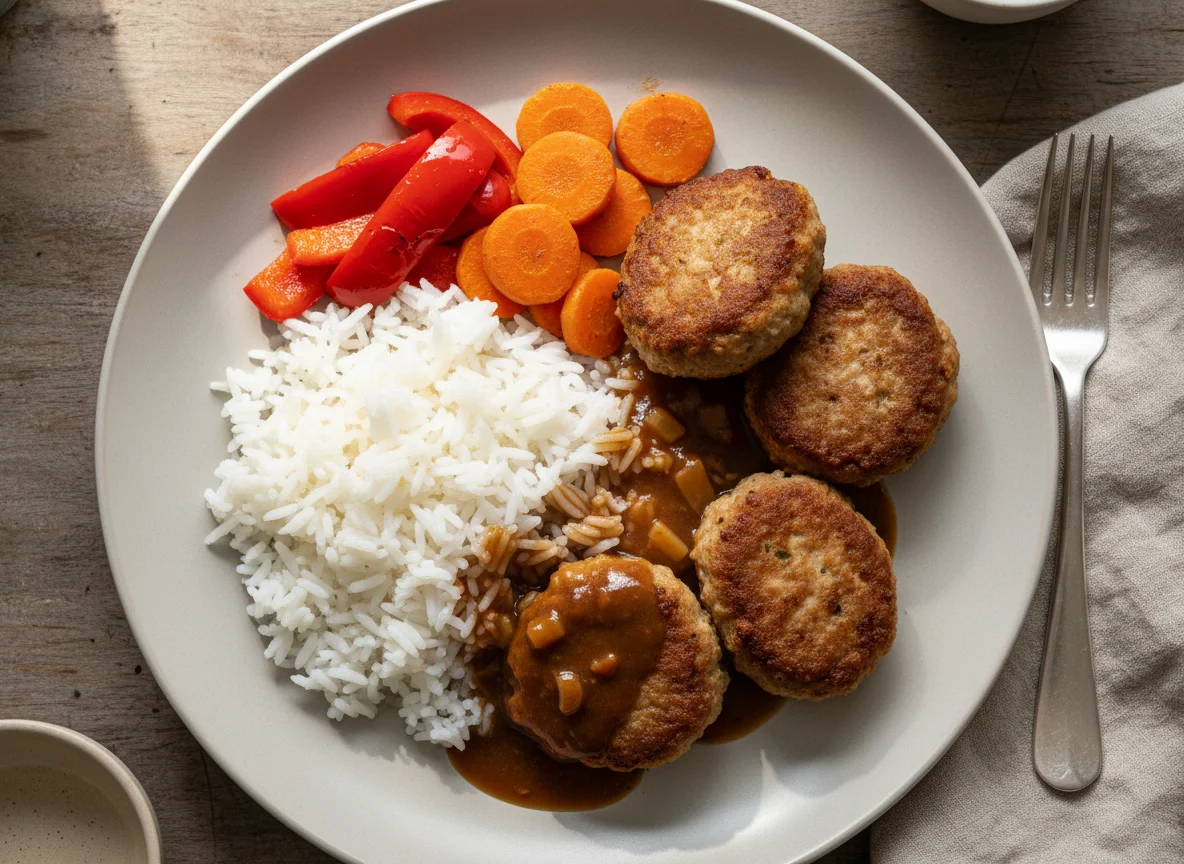 Reis mit Frikadellen und Gemüse photo