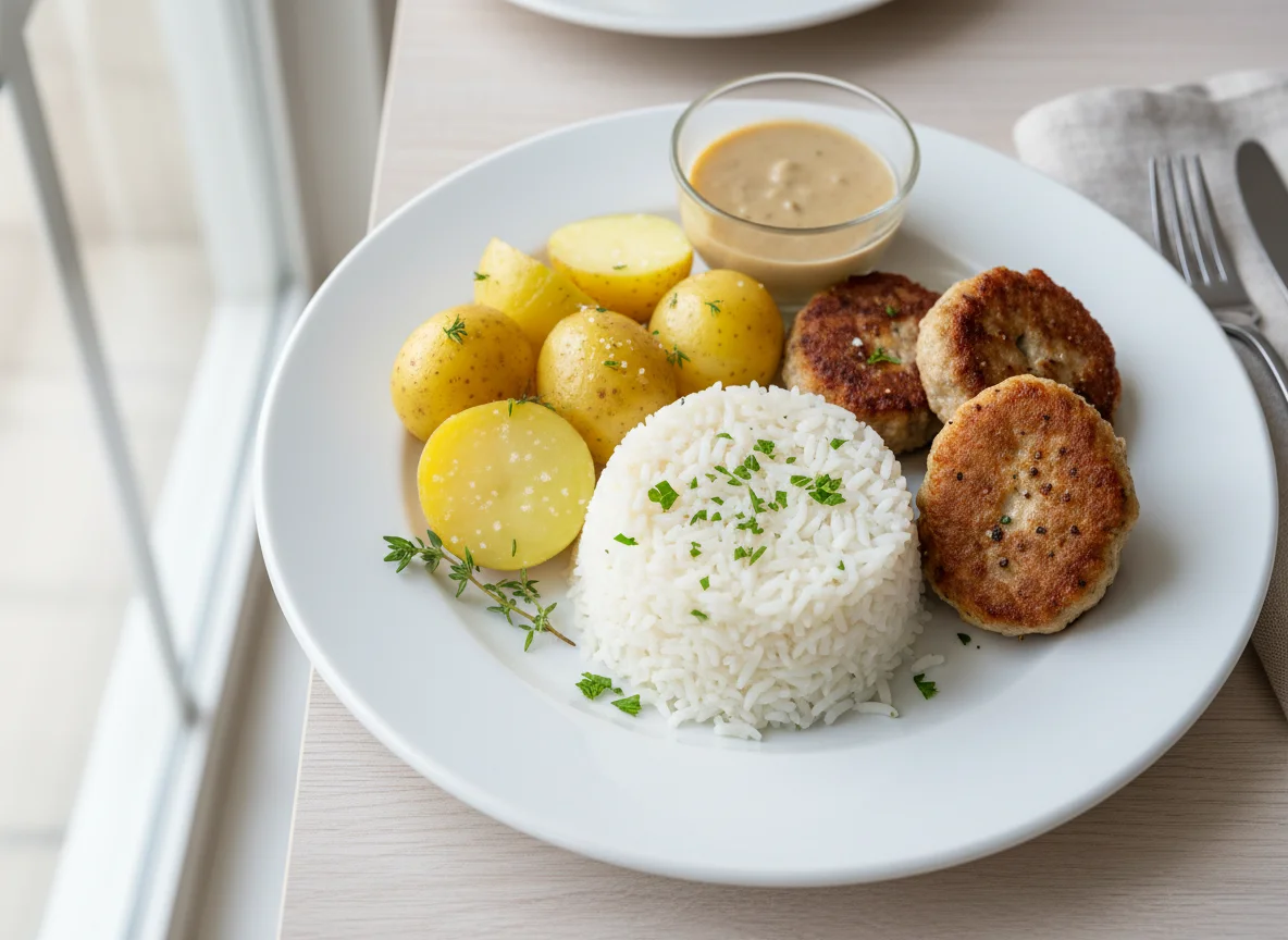 Reis mit Frikadellen und Kartoffeln photo
