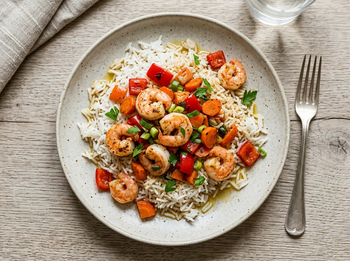 Reis mit Garnelen und Gemüse photo