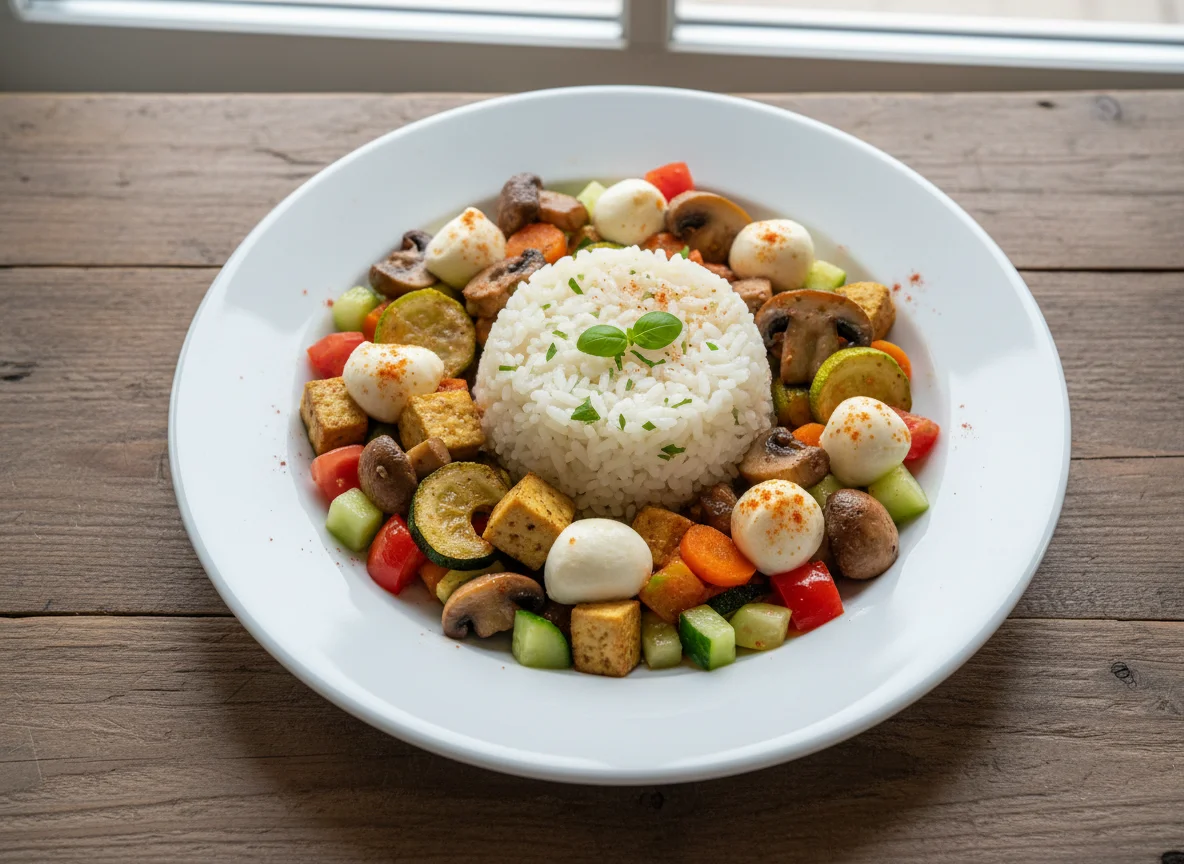 Reis mit gebratenem Gemüse und Mozzarella photo