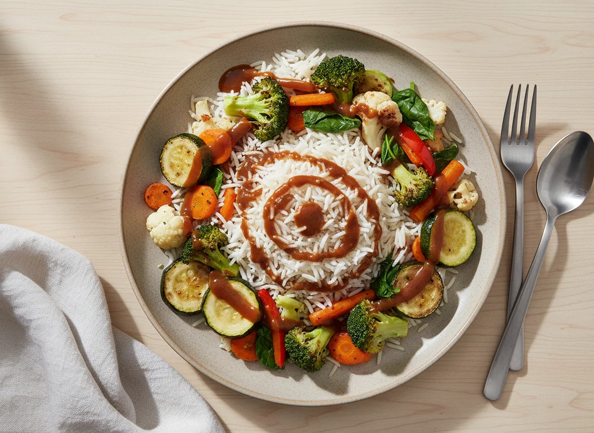 Reis mit gebratenem Gemüse und Sauce photo