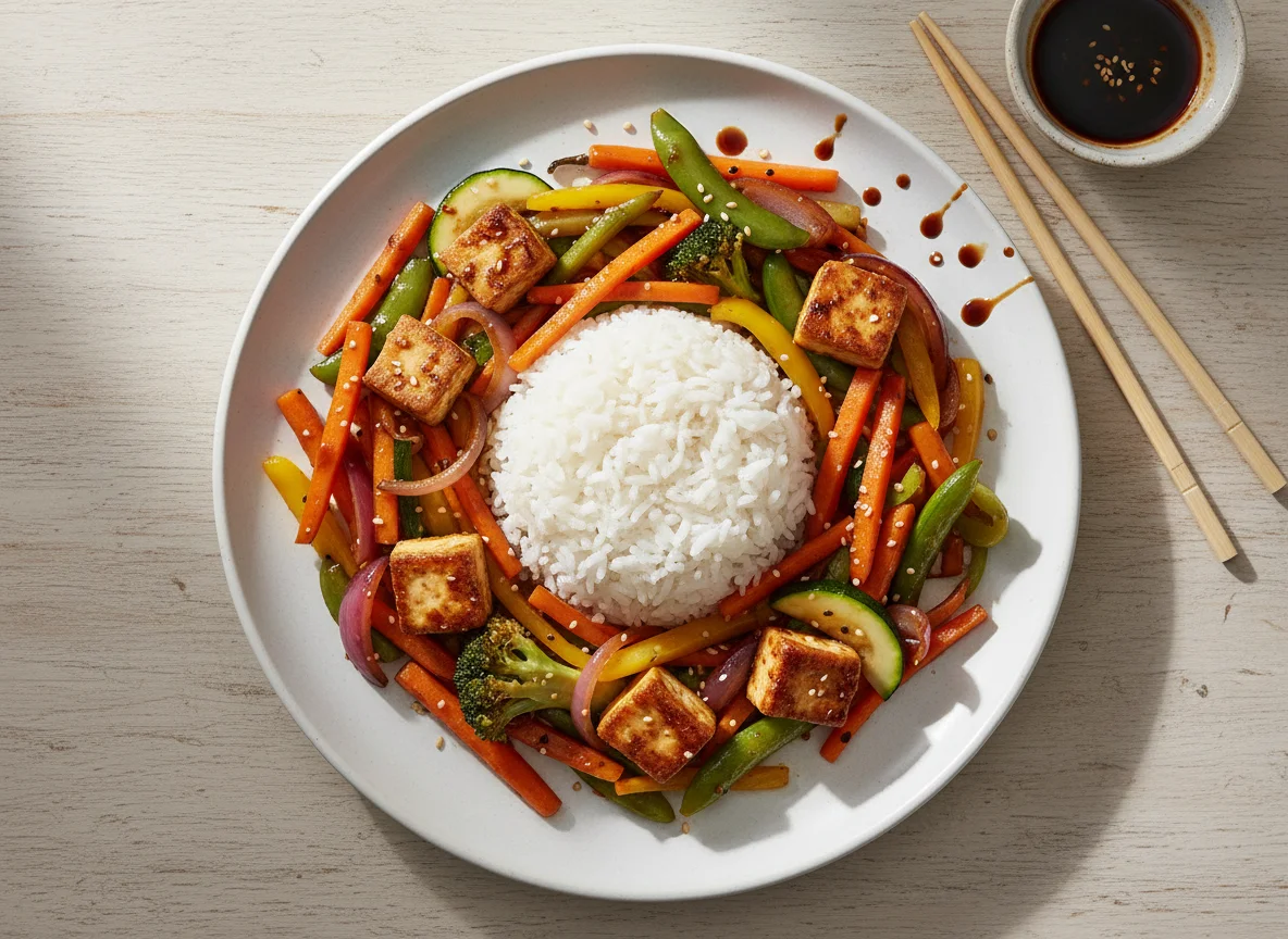 Reis mit gebratenem Gemüse und Tofu photo