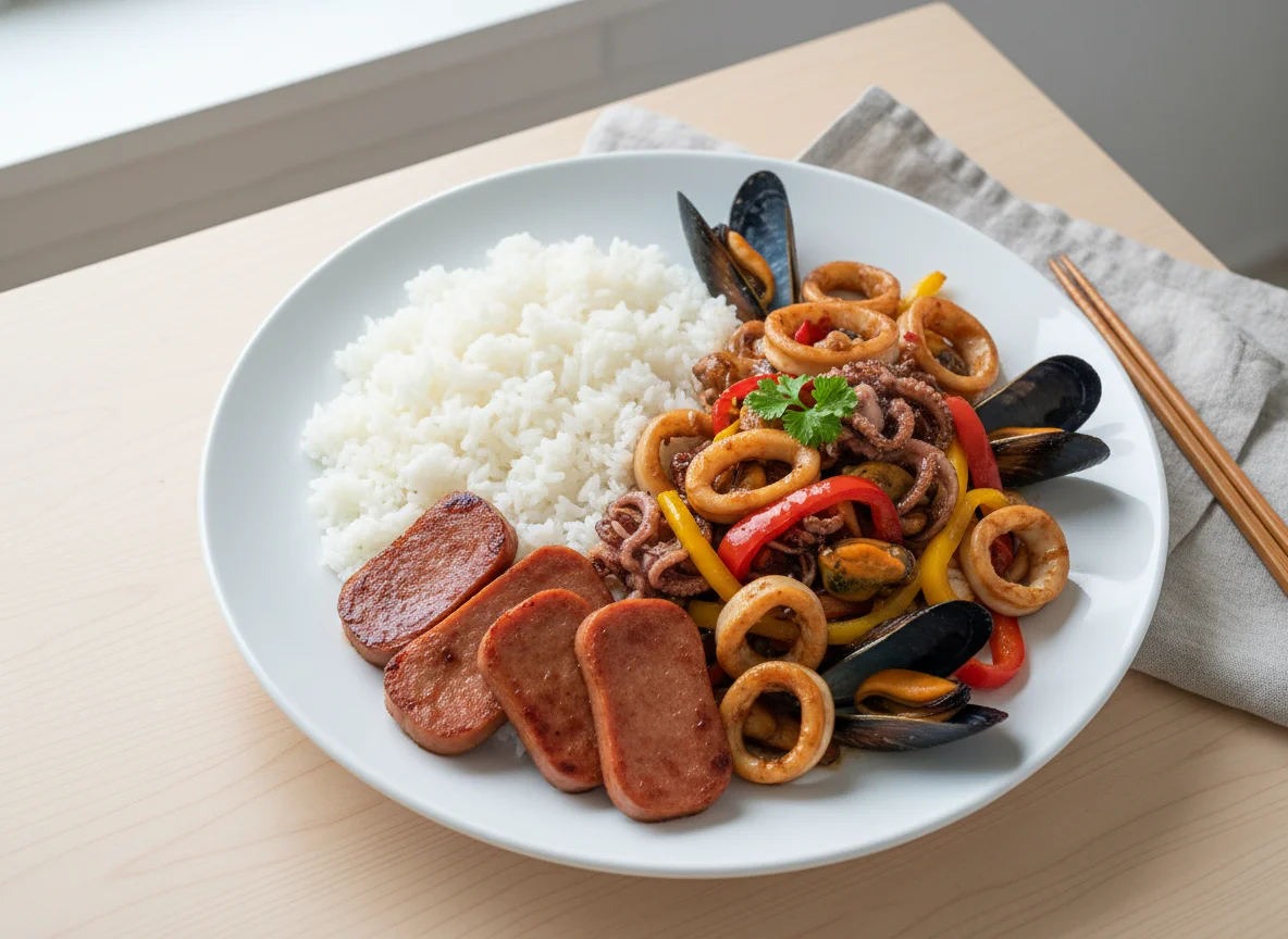 Reis mit gebratenem Spam und Meeresfrüchte-Gemüsepfanne photo