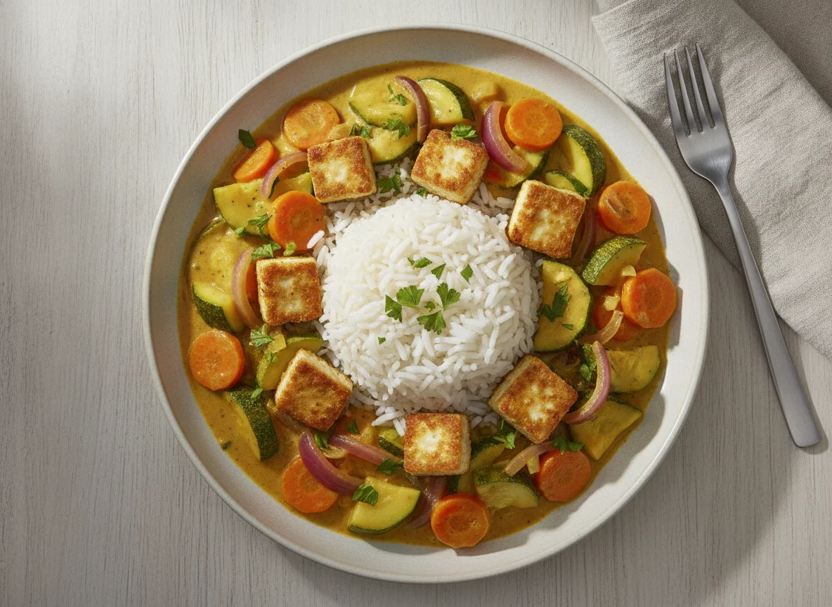 Reis mit gebratenem Tofu und Gemüse-Curry photo