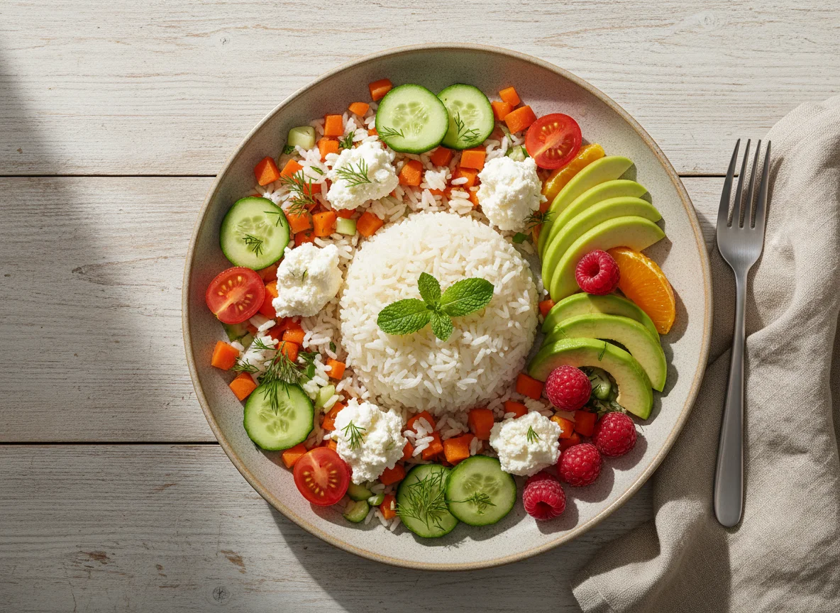 Reis mit Gemüse, Hüttenkäse und Früchten photo