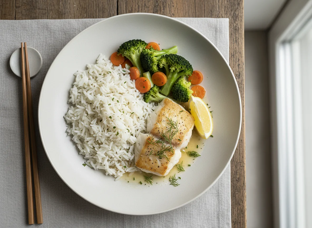 Reis mit Gemüse und Fisch photo