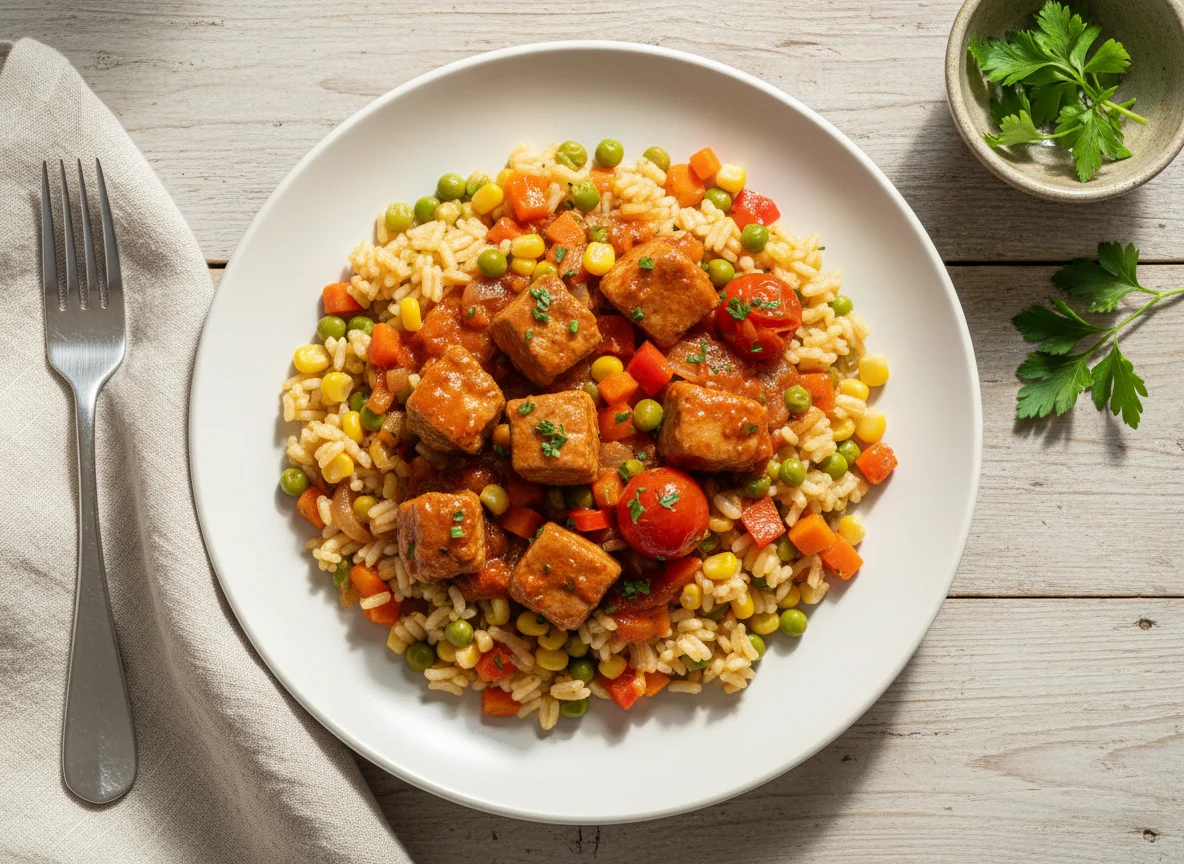 Reis mit Gemüse und Fleisch photo