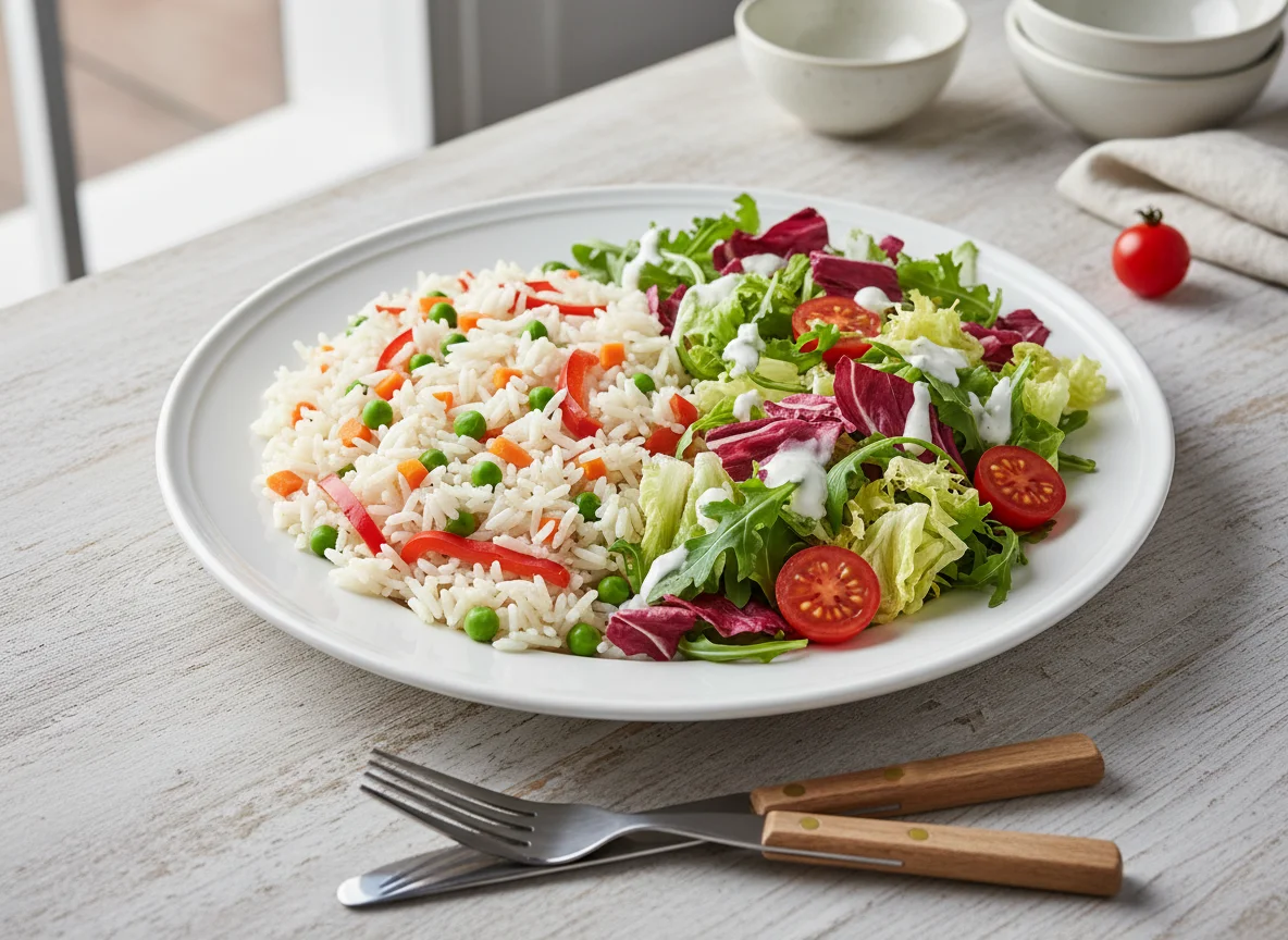 Reis mit Gemüse und gemischtem Salat photo