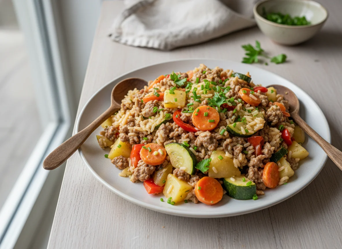 Reis mit Gemüse und Hackfleisch in Sahnesauce photo