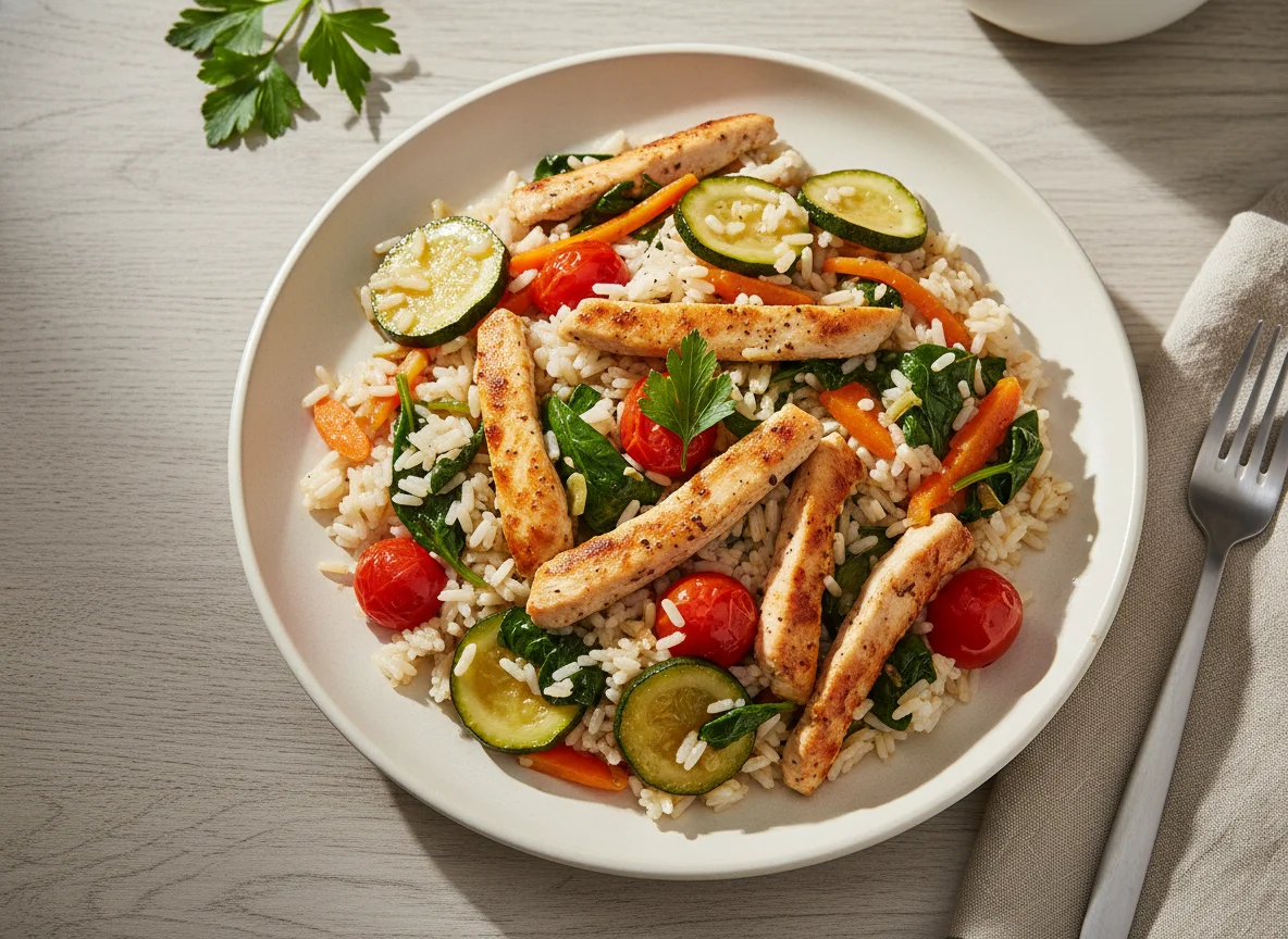 Reis mit Gemüse und Hühnchen photo