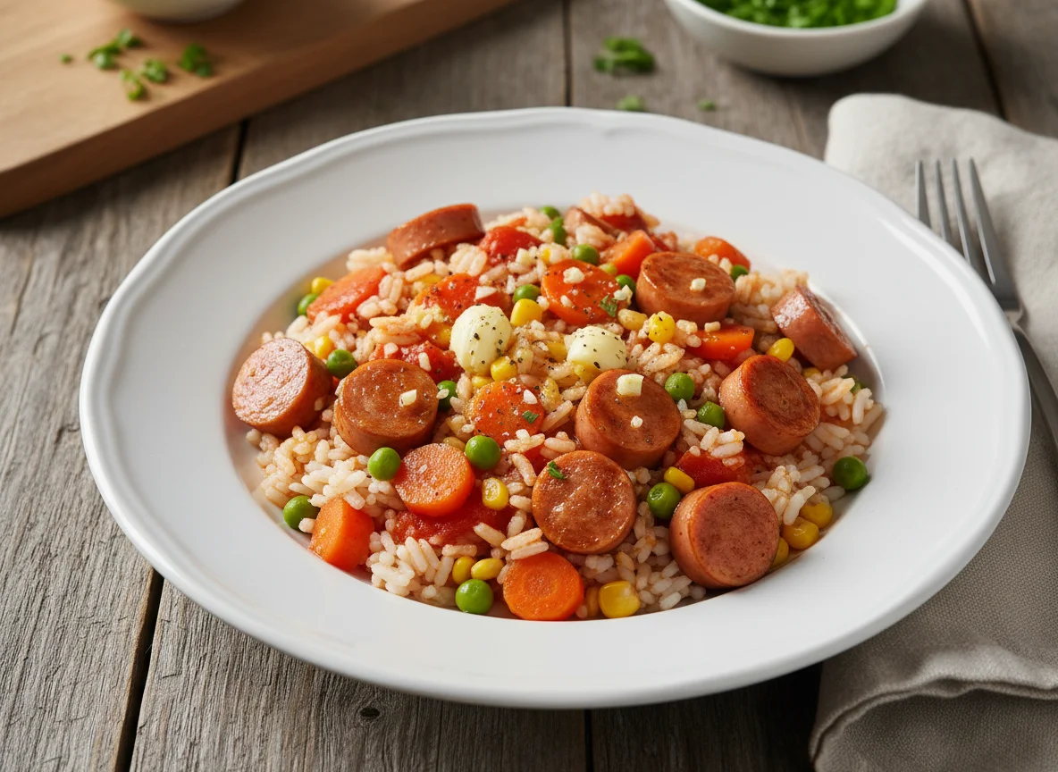 Reis mit Gemüse und Wurst photo