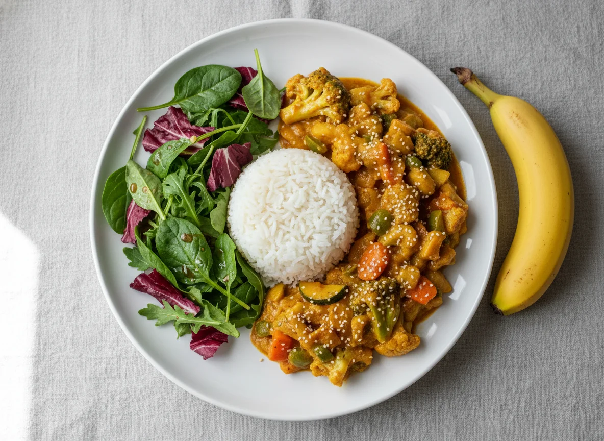 Reis mit Gemüsecurry, Salat und Banane photo