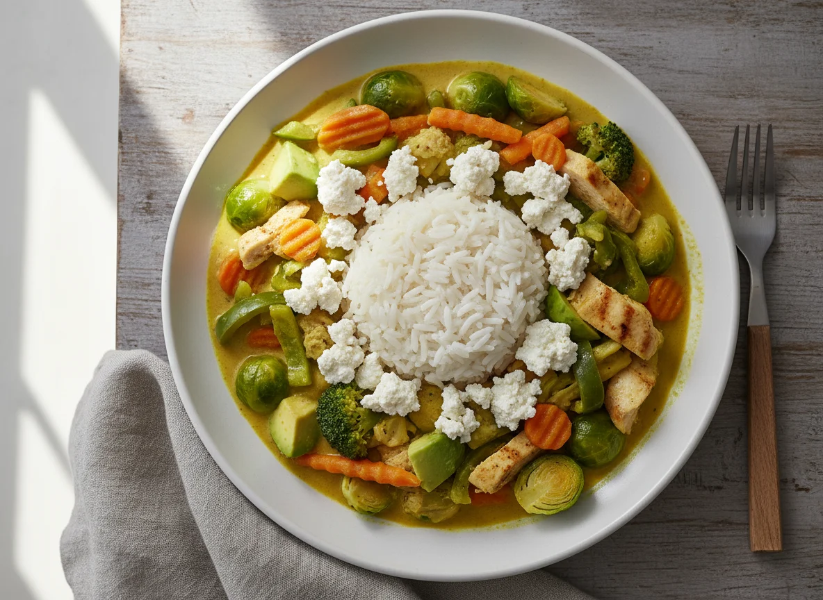 Reis mit Gemüsecurry und Hüttenkäse photo