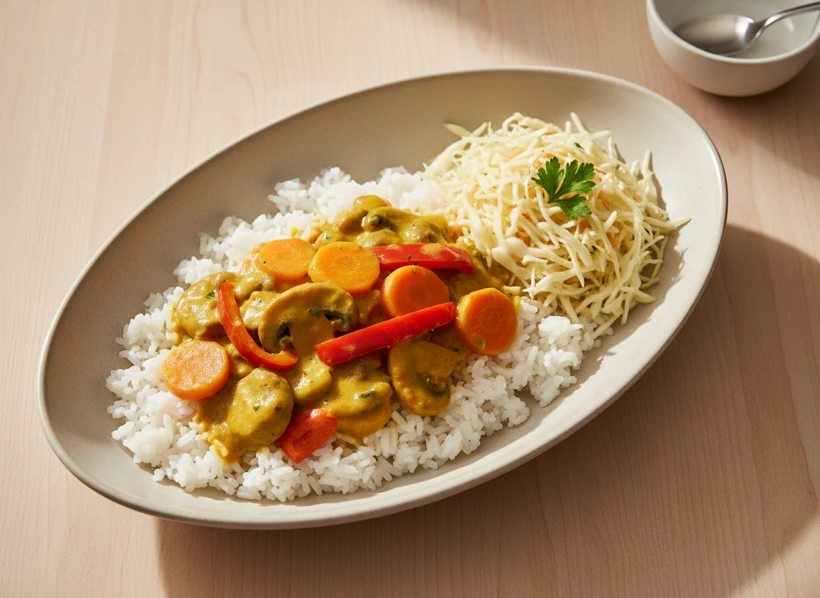 Reis mit Gemüse-Curry und Krautsalat photo