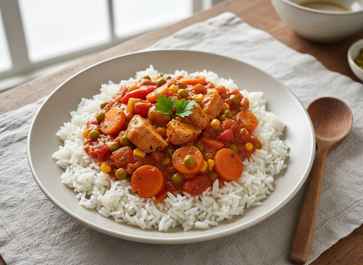 Reis mit Gemüseeintopf und Huhn photo