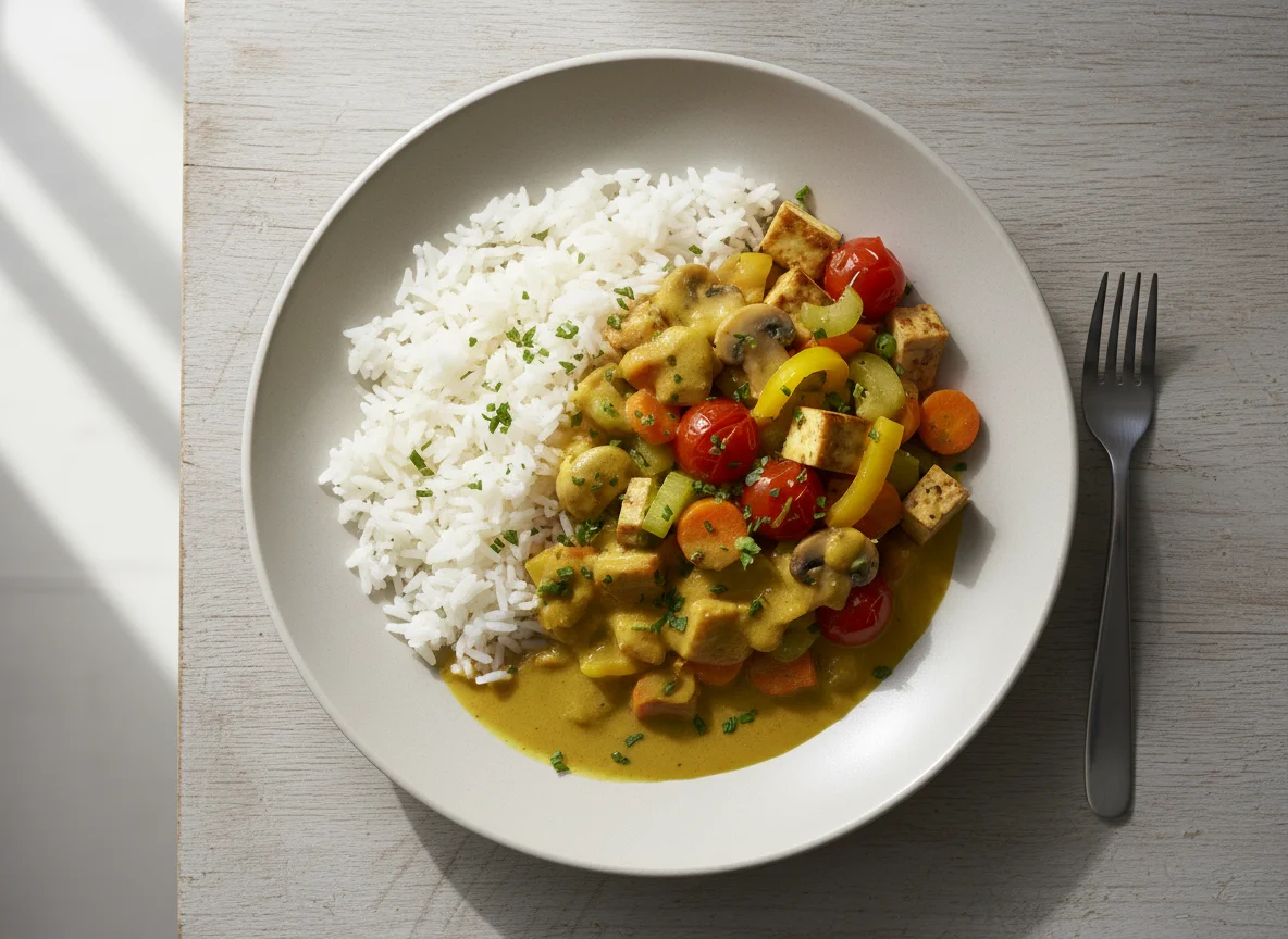 Reis mit Gemüsepfanne und Currysauce photo