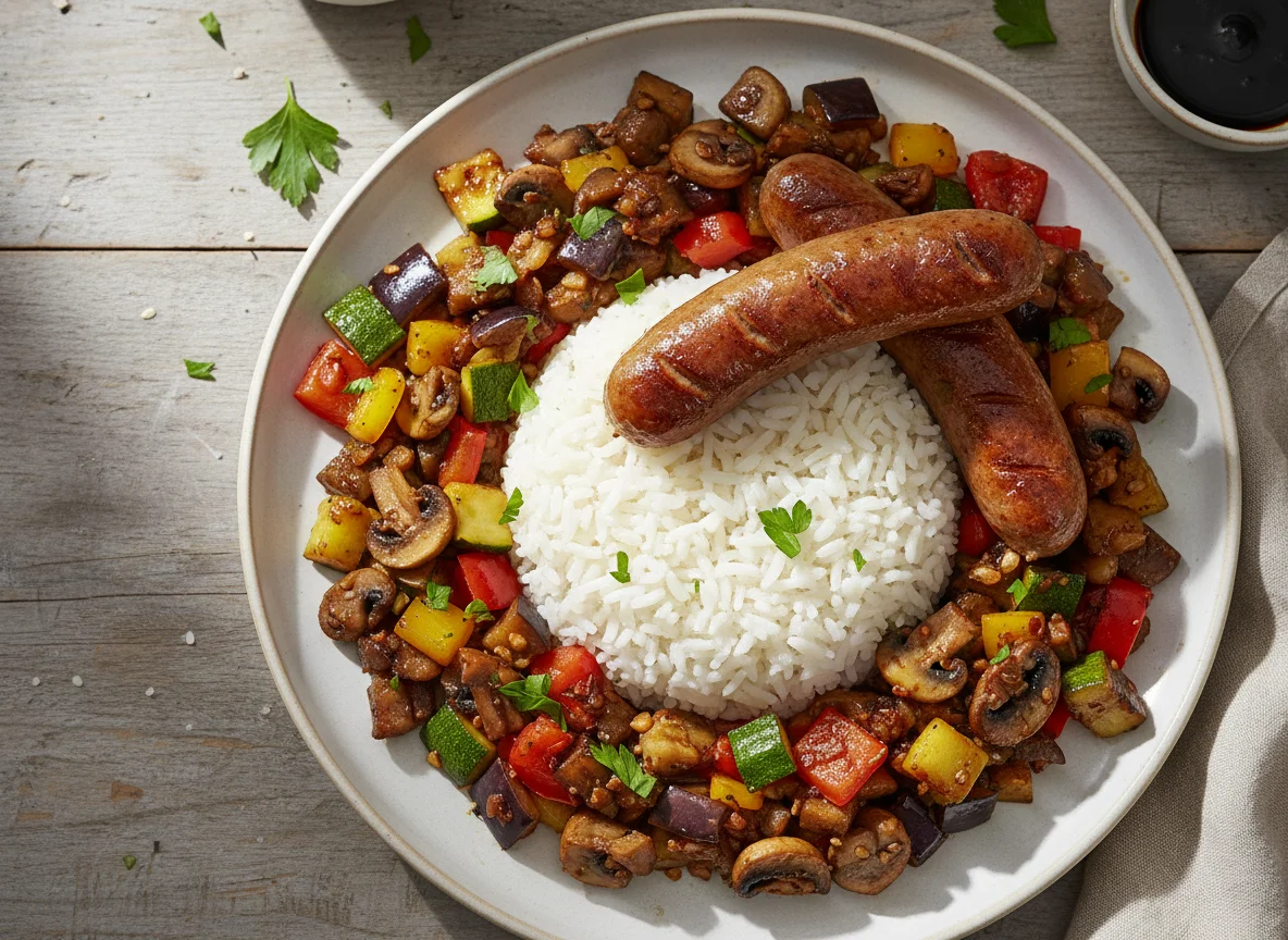 Reis mit Gemüsepfanne und veganen Würstchen photo