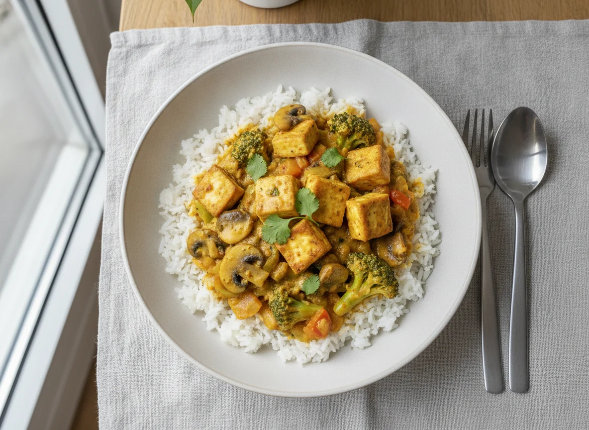 Reis mit Gemüse-Tofu-Curry photo