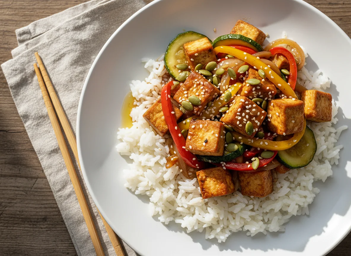 Reis mit Gemüse-Tofu-Pfanne und Kürbiskernen photo