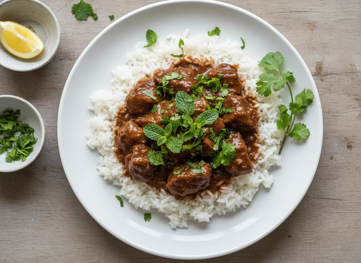 Reis mit geschmortem Fleisch und Kräutern photo