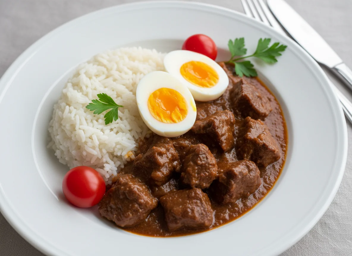 Reis mit Gulasch und Ei photo