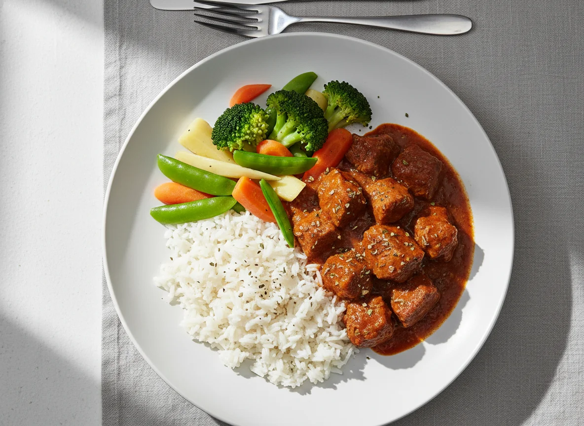 Reis mit Gulasch und Gemüse photo