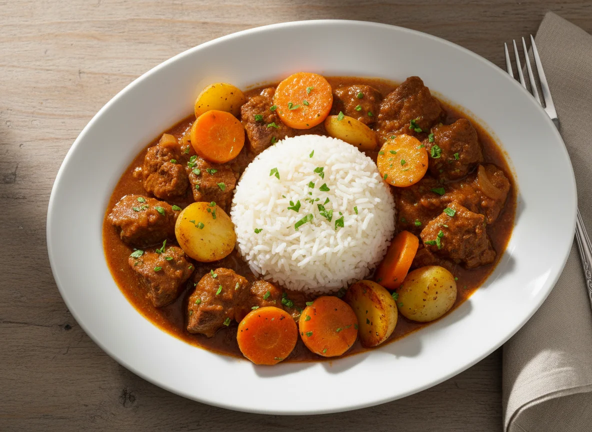 Reis mit Gulasch und Karotten photo